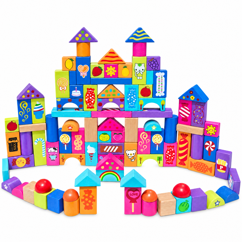 Set of 90 Colorful Wooden Building Blocks Educational Stacking Toy Castle