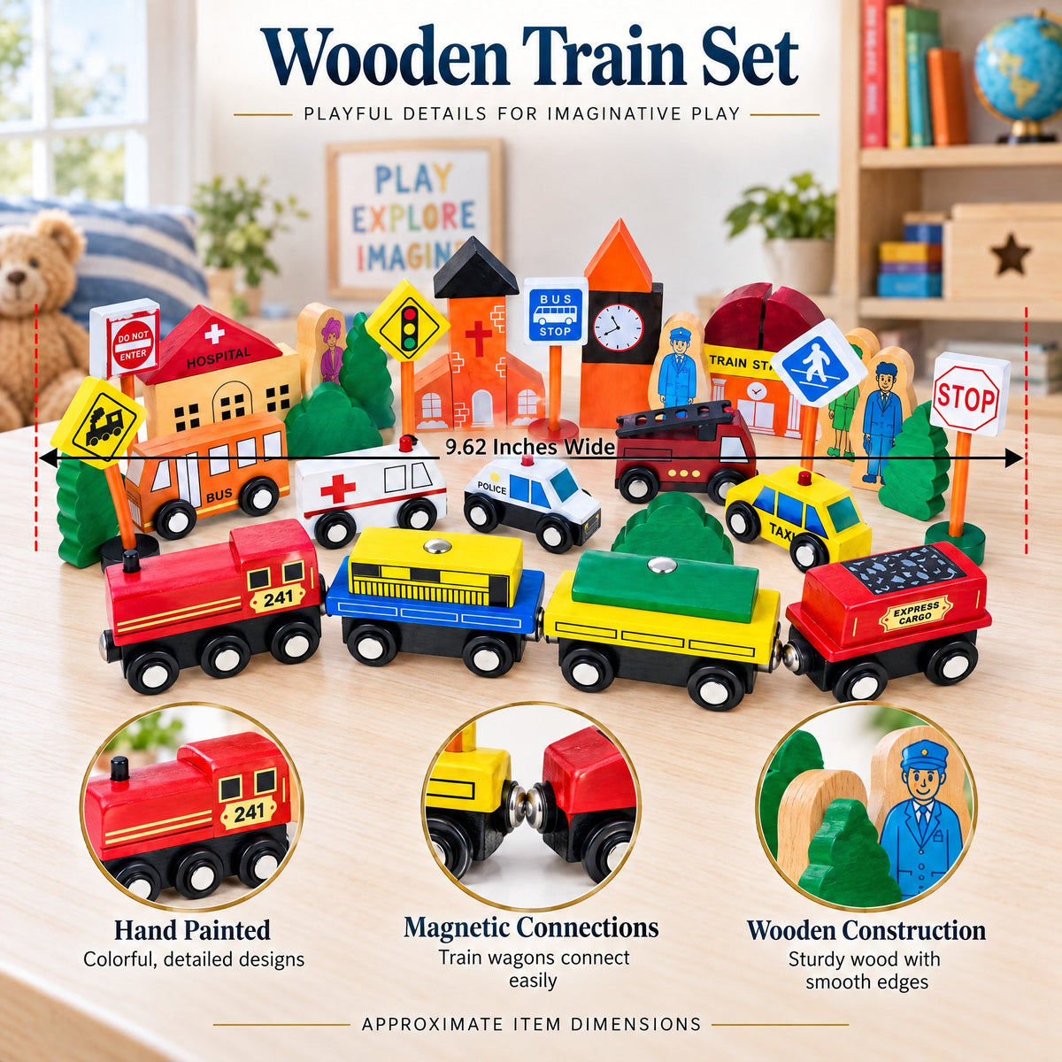 Set of 40 Pieces City Vehicles, Buildings, and Signs Wooden Blocks