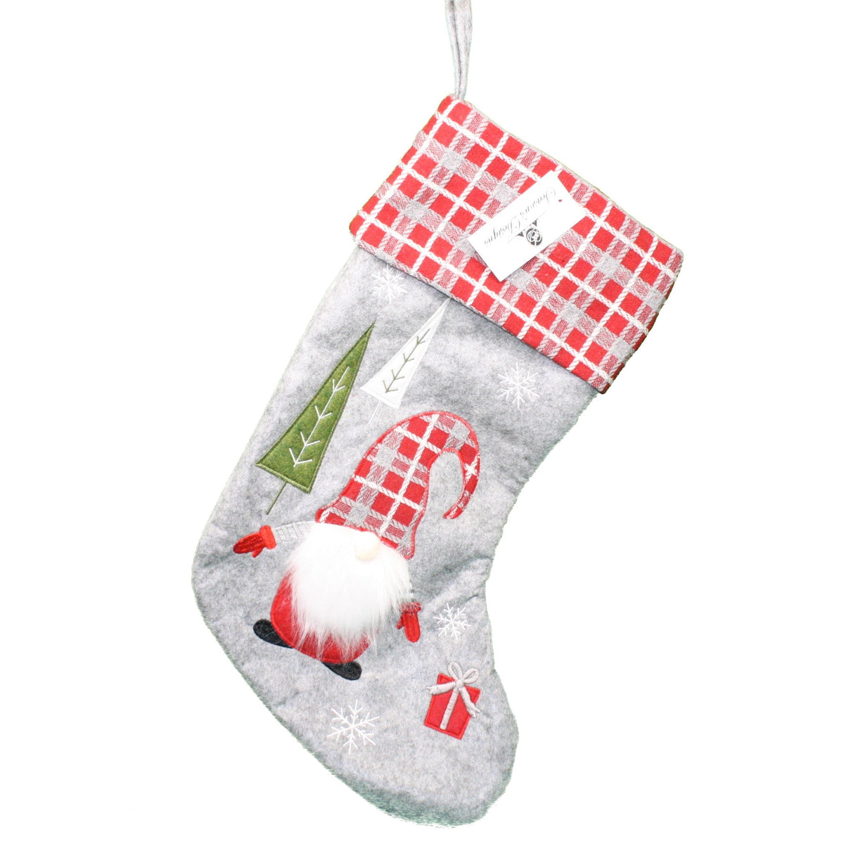 Grey Embroidered Gnome Stocking - 18 Inch