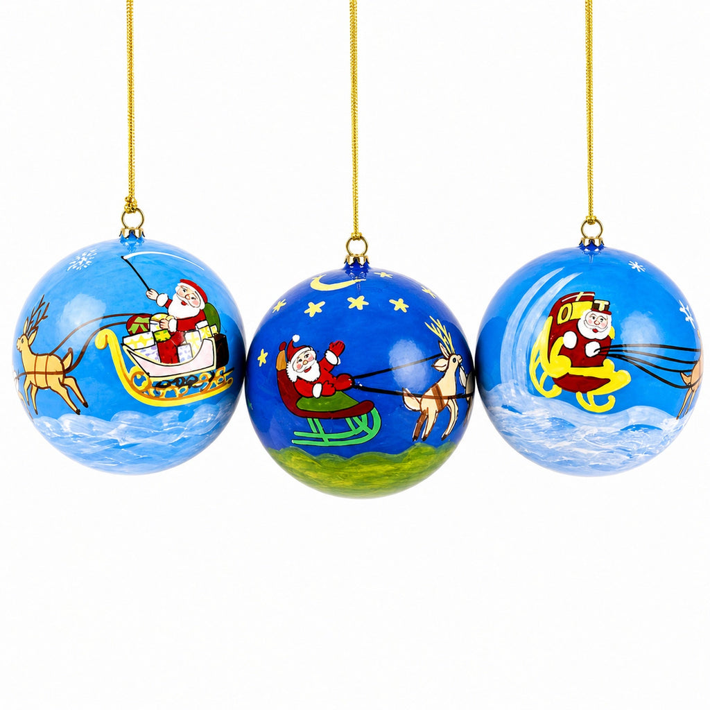 Set of 3 Santa Sleigh and Reindeer Wooden Christmas Ball Ornaments